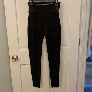 Spanx black velvet and gold leggings